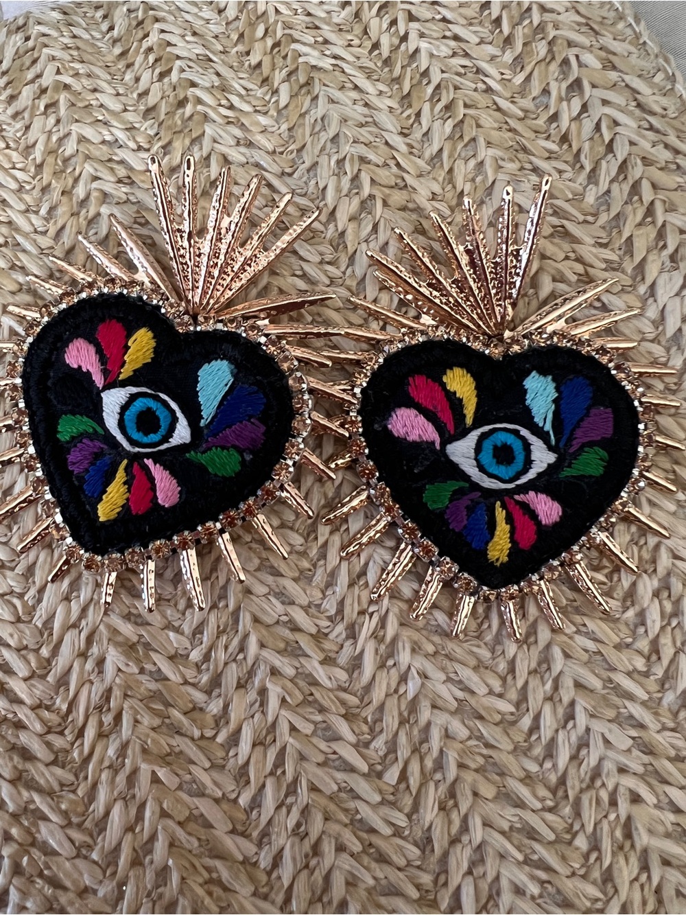Embroidered Heart Eye Statement Earrings - Black with Rainbow Accents (NEW)